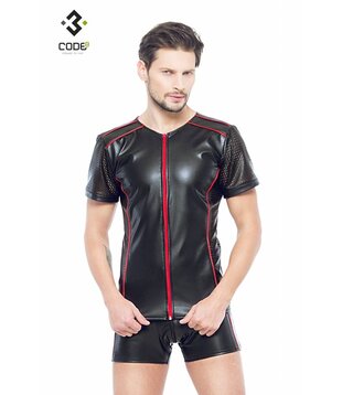 Eco-leder shirt met Mesh mouwen rood  (XS-XL)