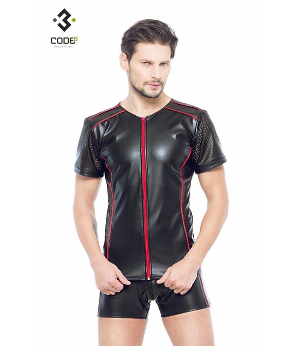 * Code8 by XXX COLLECTION Eco-leder shirt met Mesh mouwen rode biezen en rits.