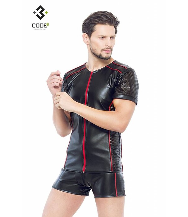 * Code8 by XXX COLLECTION Eco-leder shirt met Mesh mouwen rode biezen en rits.