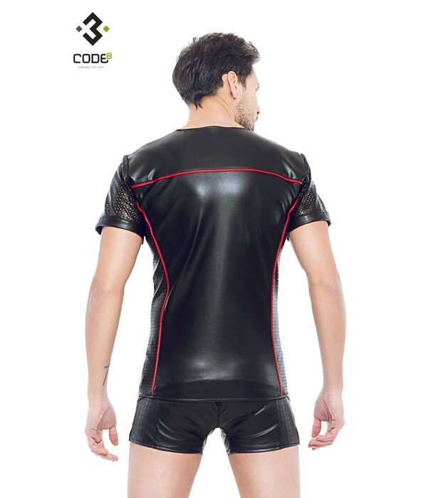* Code8 by XXX COLLECTION Eco-leder shirt met Mesh mouwen rode biezen en rits.