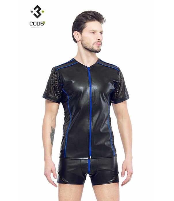 * Code8 by XXX COLLECTION Eco-leder shirt met Mesh mouwen blauwe biezen en rits.