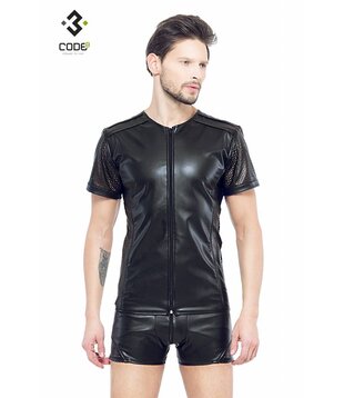 Eco-leder shirt met Mesh mouwen zwart  (XS-S-M-3XL