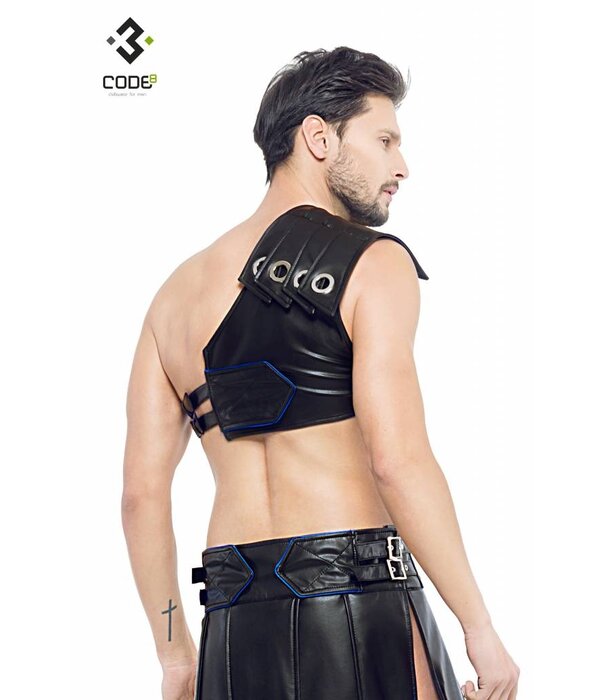 * Code8 by XXX COLLECTION Zwart leren heren Gladiator Harnas met blauwe bies