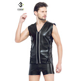 Eco-leder mouwloos shirt met gekleurde biezen