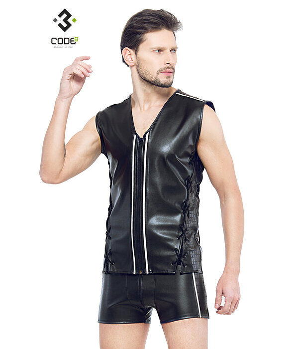 * Code8 by XXX COLLECTION Eco-leder mouwloos shirt met gekleurde biezen