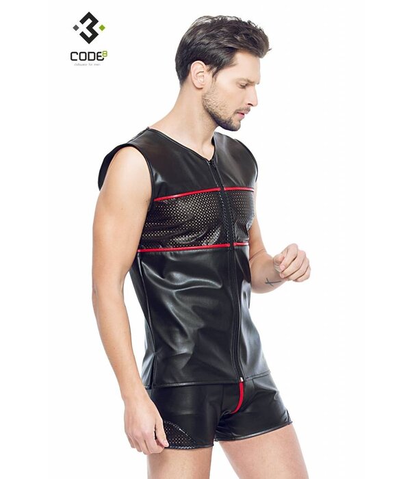 * Code8 by XXX COLLECTION Eco-Leder Shirt met mesh aan voor en achterzijde en rode bies