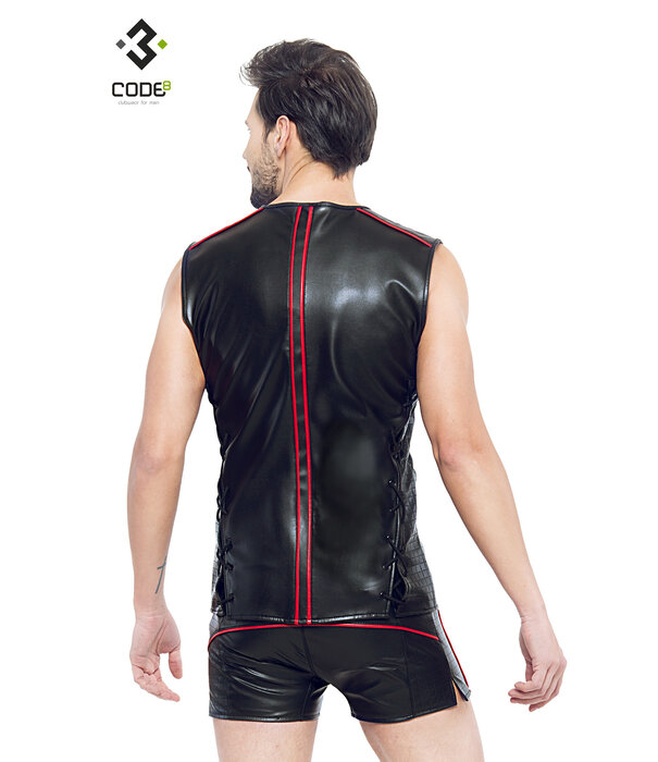 * Code8 by XXX COLLECTION Eco-leder mouwloos shirt met rood gekleurde biezen