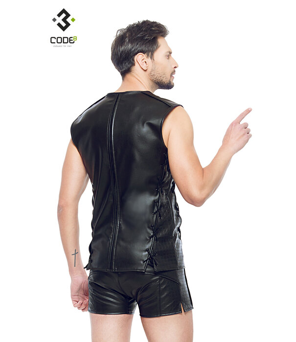 * Code8 by XXX COLLECTION Eco-leder mouwloos shirt met zwart gekleurde biezen