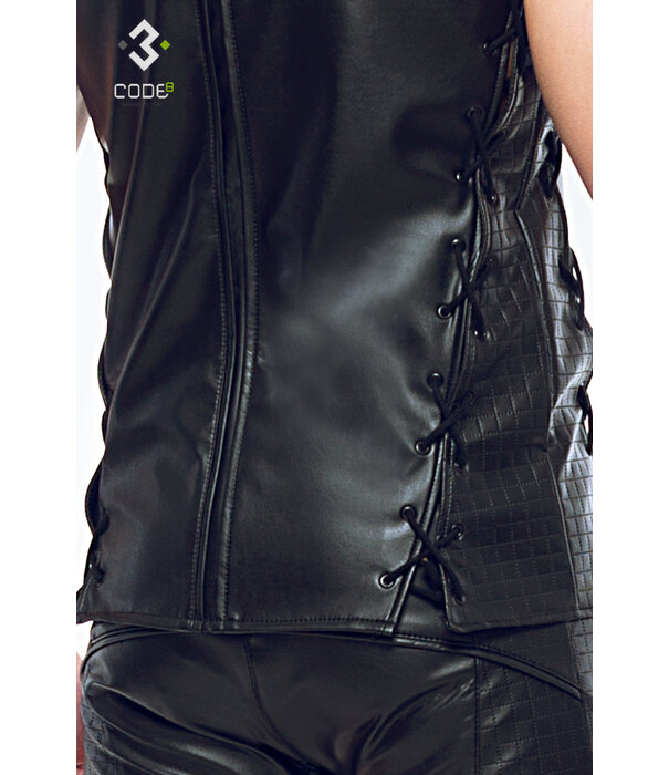 * Code8 by XXX COLLECTION Eco-leder mouwloos shirt met zwart gekleurde biezen