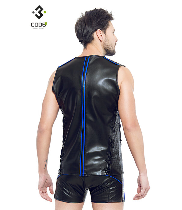 * Code8 by XXX COLLECTION Eco-leder mouwloos shirt met blauw gekleurde biezen