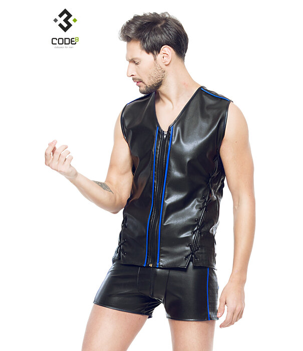 * Code8 by XXX COLLECTION Eco-leder mouwloos shirt met blauw gekleurde biezen