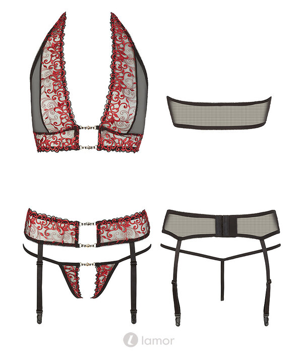 * ABIERTA FINA Sexy 3-delige zwart rode  kanten set Shalitha
