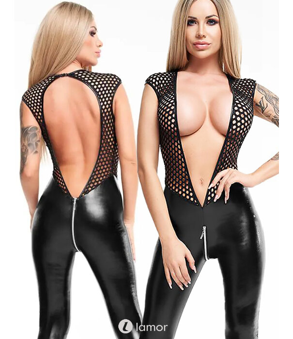 * 7-HEAVEN Sexy zwarte wetlook catsuit met diep decollete van 7-Heaven