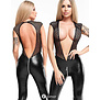 Sexy zwarte wetlook catsuit met diep decollete van 7-Heaven