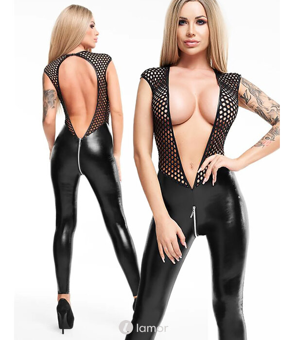 * 7-HEAVEN Sexy zwarte wetlook catsuit met diep decollete van 7-Heaven