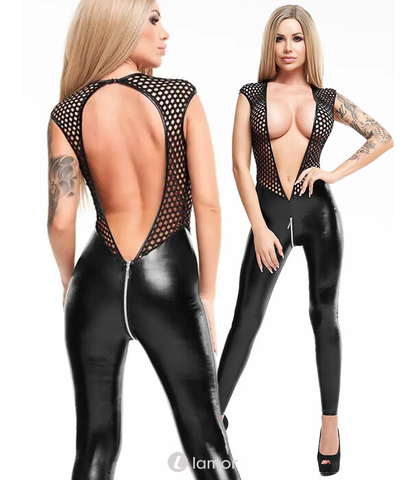 * 7-HEAVEN Sexy zwarte wetlook catsuit met diep decollete van 7-Heaven