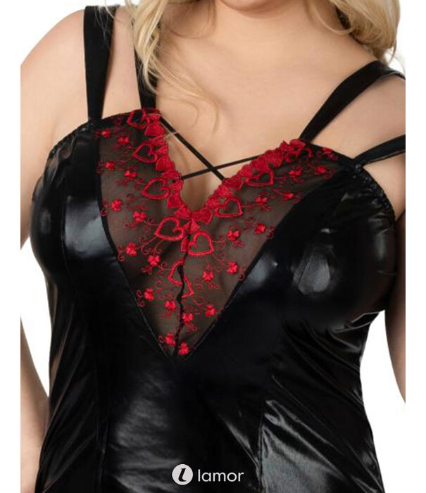 * ANDALEA Sexy wetlook chemise versierd met delicaat bordeauxrood kant aan de halslijn