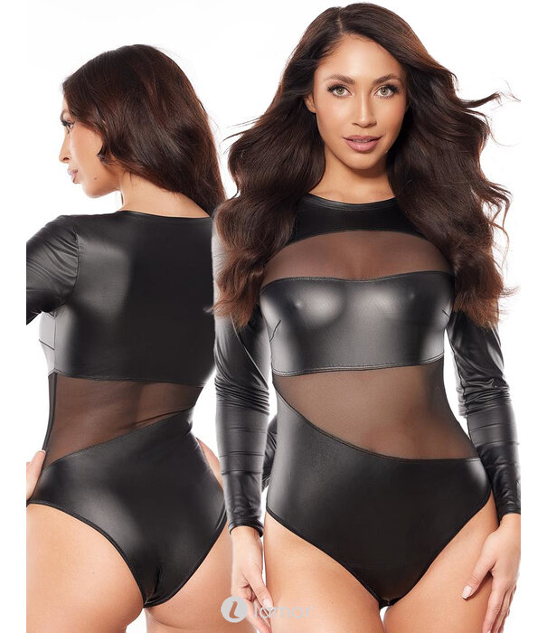 * AXAMI Uniek verfijnde body in zwart transparant tule en lederlook