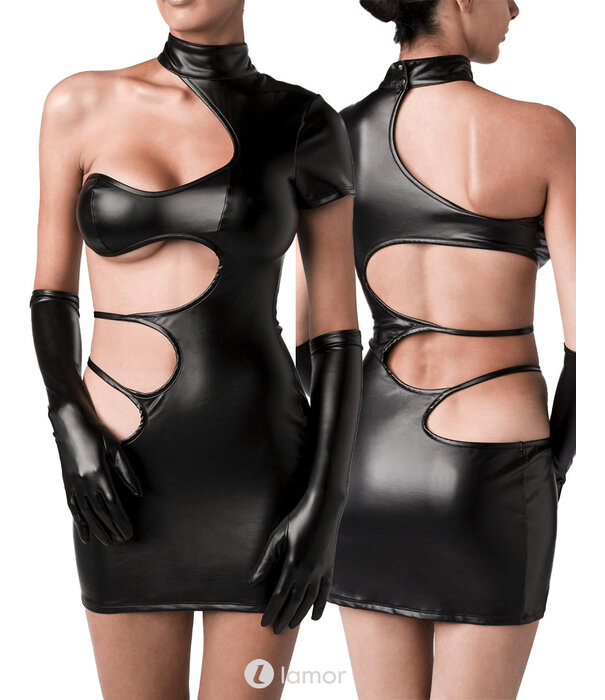 * GREY VELVET Zwart wetlook jurkje met handschoenen van Grey Velvet