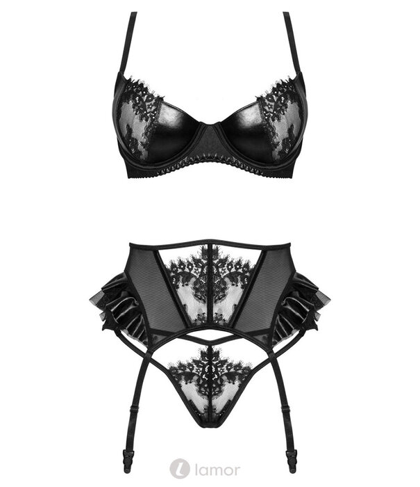 * BEAUTYNIGHT Sexy zwart 3-delige lingerie set Rafaella van latexlook en kant