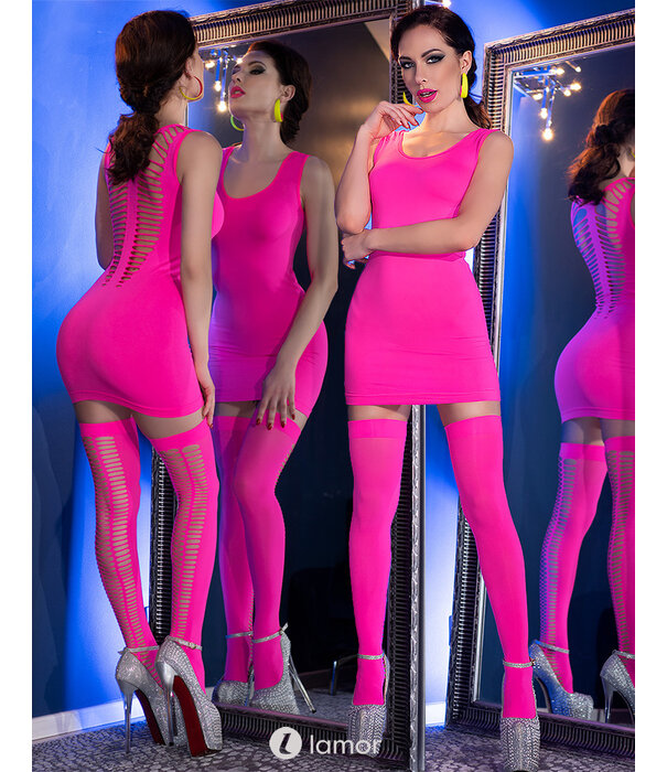 * CHILIROSE Neon roze  strak mini-jurkje met  kousen  CR4305-P  van Chilirose
