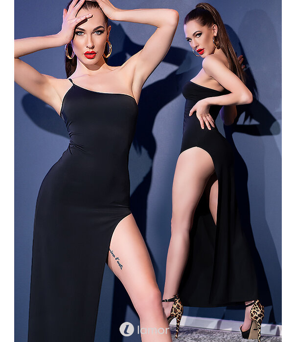 * CHILIROSE Lange zwarte one shoulder jurk  van Chilirose