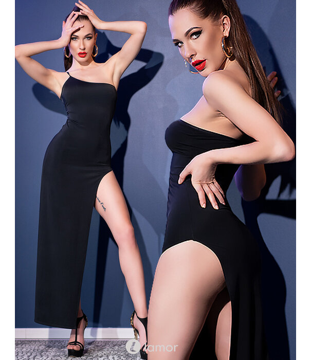 * CHILIROSE Lange zwarte one shoulder jurk  van Chilirose