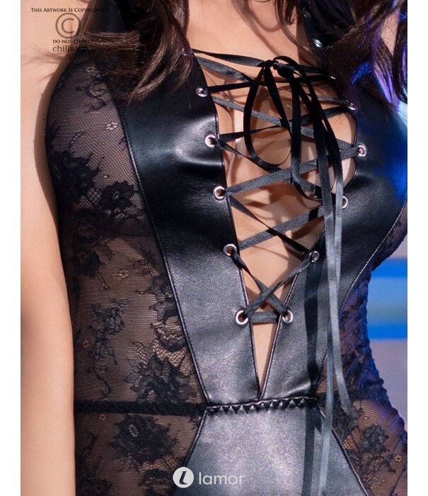 * CHILIROSE Facinerende Corsage van lederlook en zwart kant van Chilirose