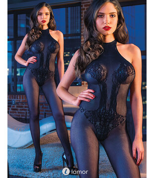 Zwarte Halter Lace Body Suit, 13043