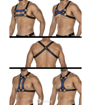 4-way Zwart/blauwe Lederlook harnas06