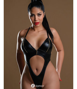 Zwarte wetlook bod met Rits, DI75367