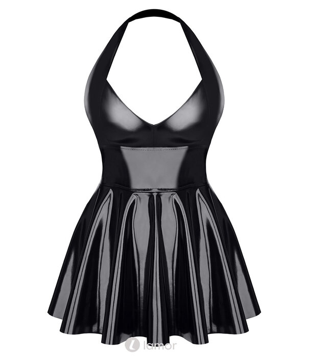 Sexy zwarte halter lak jurk van het merk Demoniq