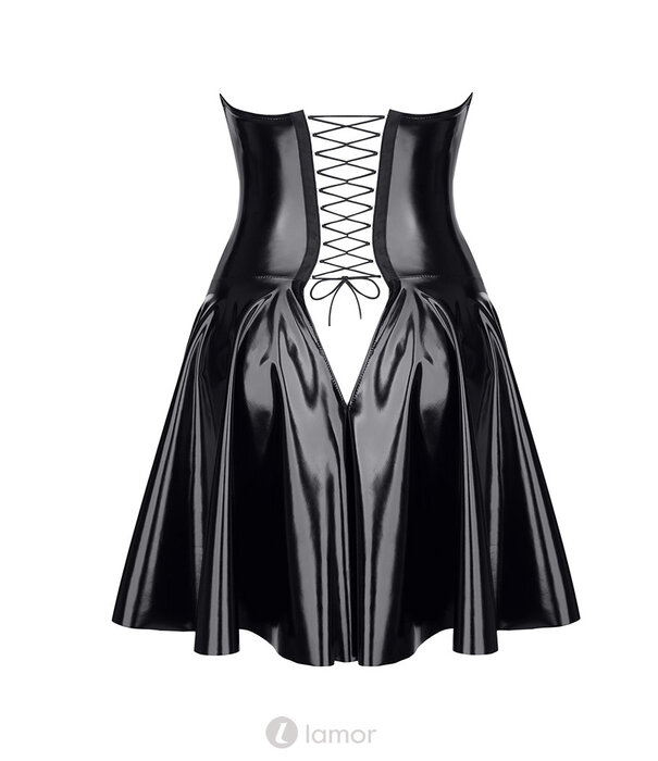 Sexy zwarte onderborst lak jurk van het merk Demoniq