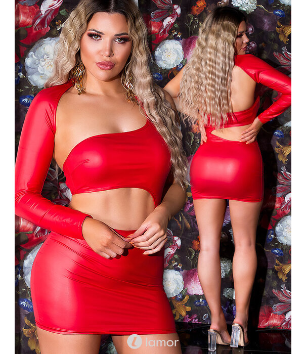 * KOUCLA Sexy rood one-shoulder wetlook mini jurkje