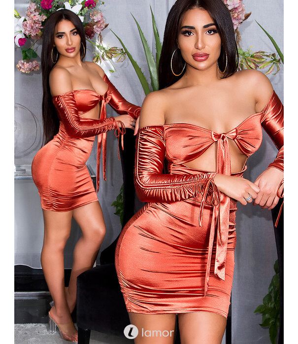 * KOUCLA Sexy satijnen off-shoulder jurk in brons kleur