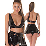 Sexy zwarte latexlook top met diepe halslijn