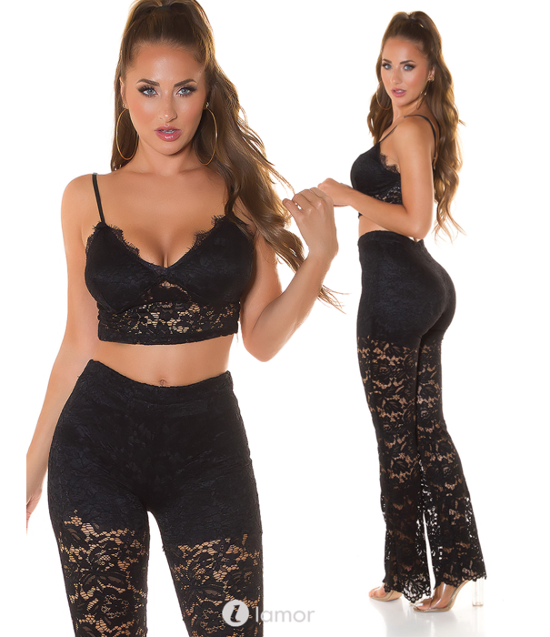 * KOUCLA Sexy 2-delige zwarte kanten set crop top & broek