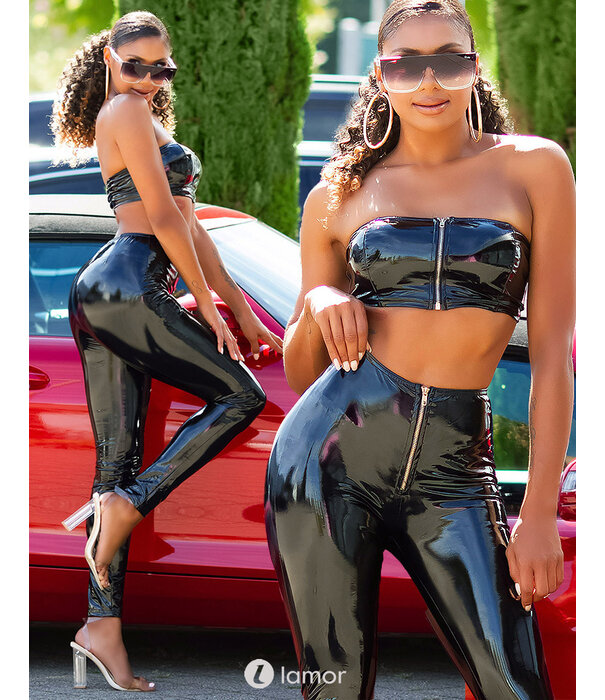 * KOUCLA Sexy zwarte broek met rits in latexlook