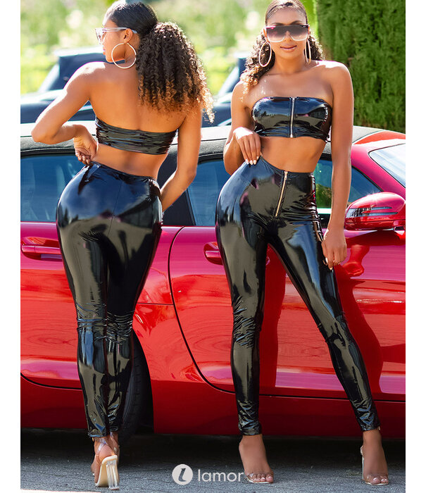 * KOUCLA Sexy zwarte broek met rits in latexlook
