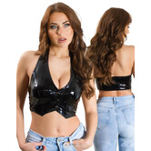 Sexy zwarte latexlook top met drukkers -