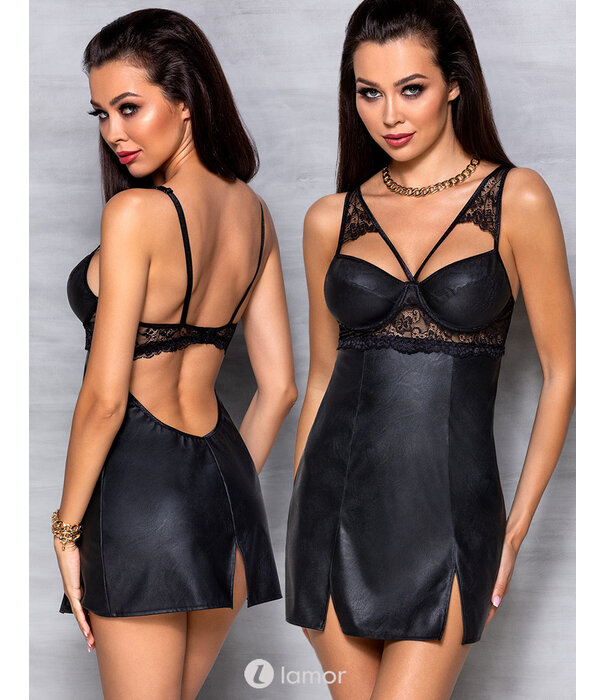 * PASSION Zwarte chemise/Jurkje  Loona in lederlook met kant