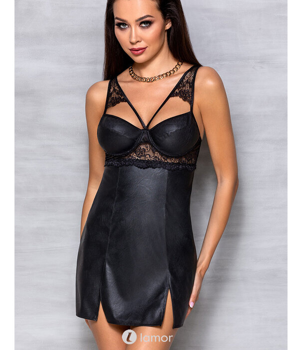 * PASSION Zwarte chemise/Jurkje  Loona in lederlook met kant