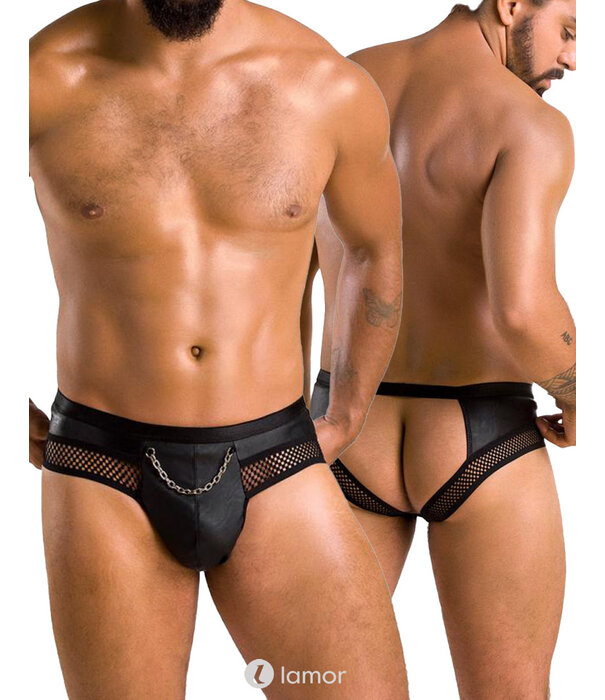 * PASSION MENSWEAR Sexy heren Jockstrap van lederlook en grof mesh en een ketting  materiaal  van Passion Menswear