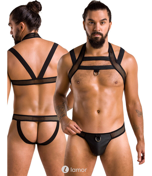 * PASSION MENSWEAR Sexy heren Jockstrap & Harnas  van lederlook en grof mesh materiaal  van Passion Menswear