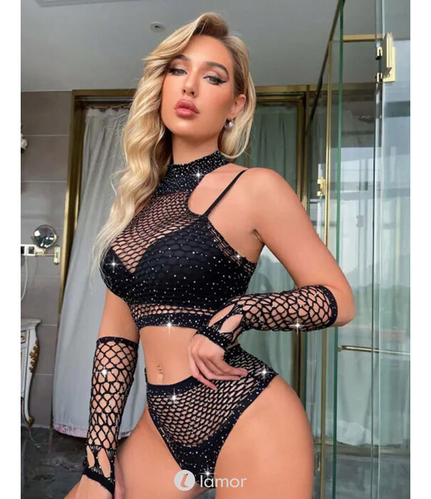 Sexy zwarte Net Top ,Short & Handshoenen met strass van het merk Snapshot