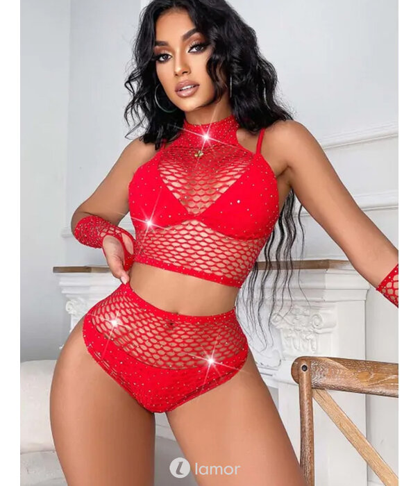 Sexy rode Net Top ,Short & Handshoenen met strass van het merk Snapshot