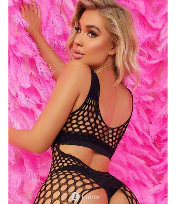Sexy zwarte Net body en Jarretelkousen van het merk Snapshot