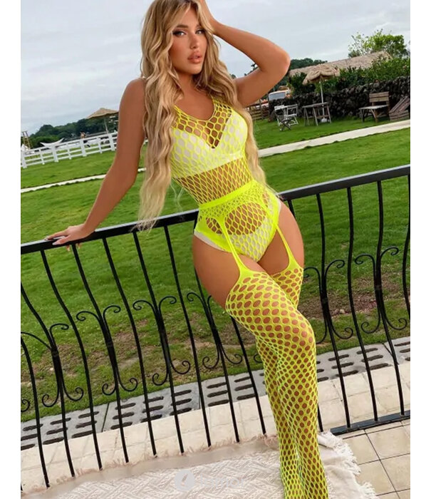 Sexy gele Net body en Jarretelkousen van het merk Snapshot