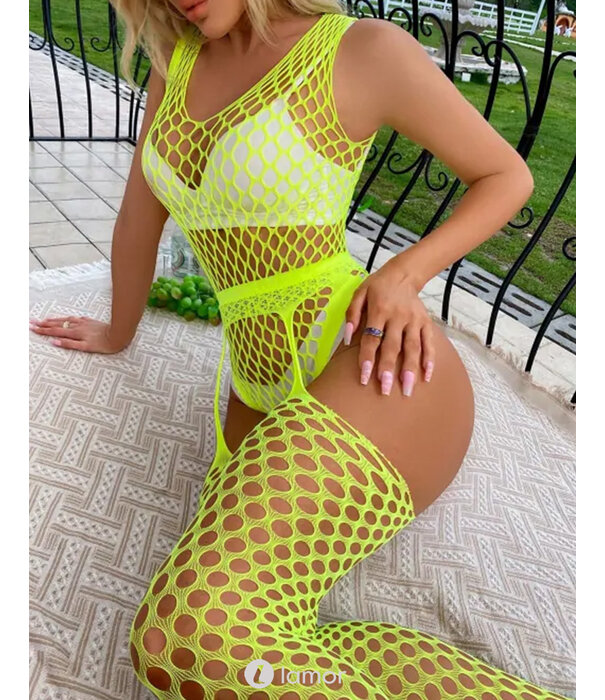Sexy gele Net body en Jarretelkousen van het merk Snapshot