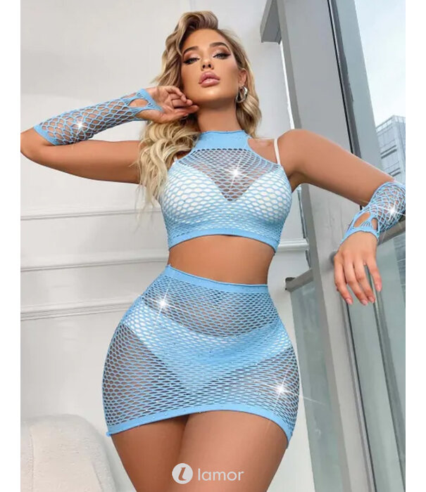 Sexy blauwe Net Top , Rokje & Handshoenen met strass van het merk Snapshot